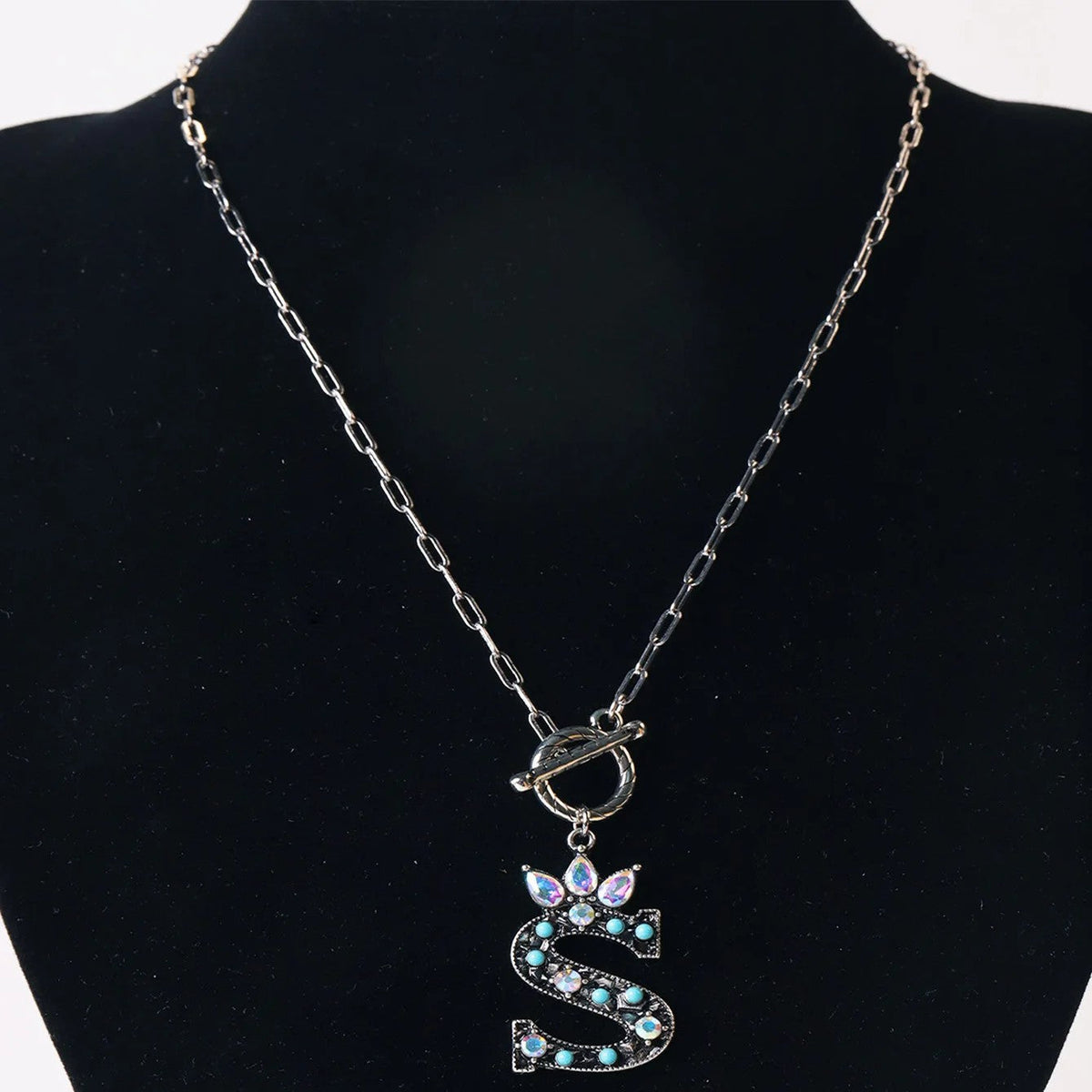 Antique Silver Crystal Initial Necklace