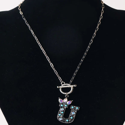 Antique Silver Crystal Initial Necklace