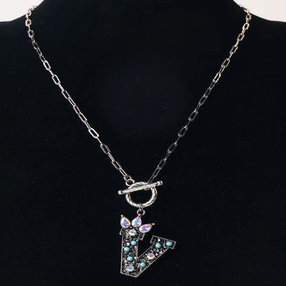 Antique Silver Crystal Initial Necklace