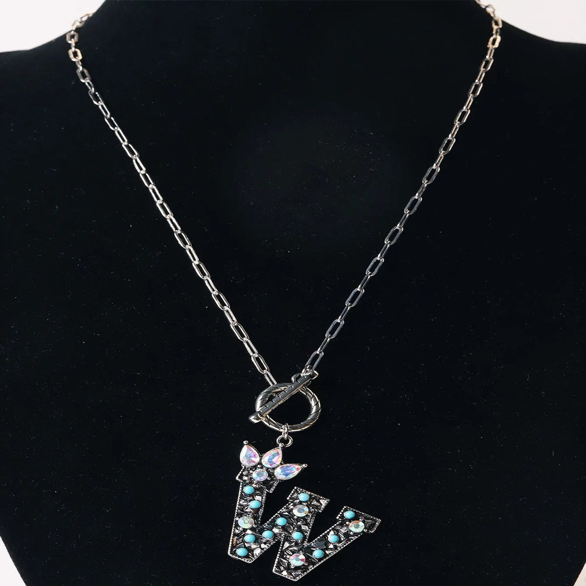 Antique Silver Crystal Initial Necklace
