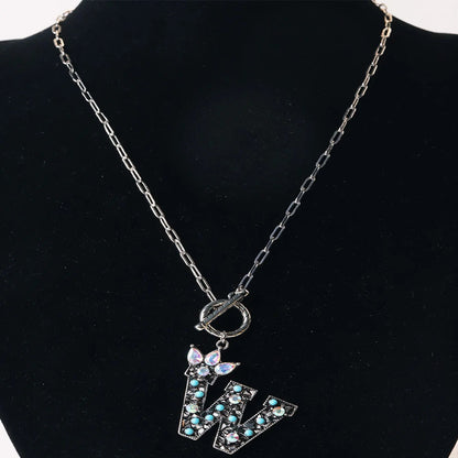 Antique Silver Crystal Initial Necklace