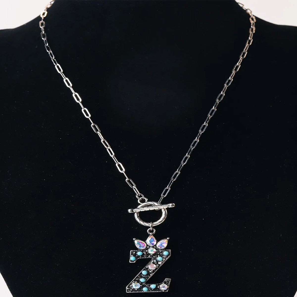 Antique Silver Crystal Initial Necklace