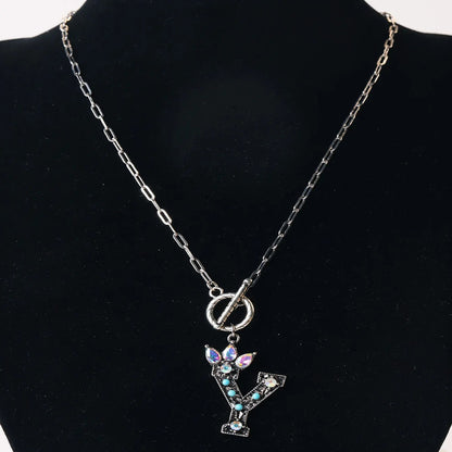 Antique Silver Crystal Initial Necklace