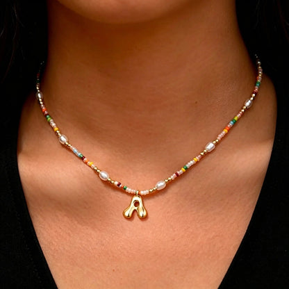 Colorful Pearl Bead Initial Necklace
