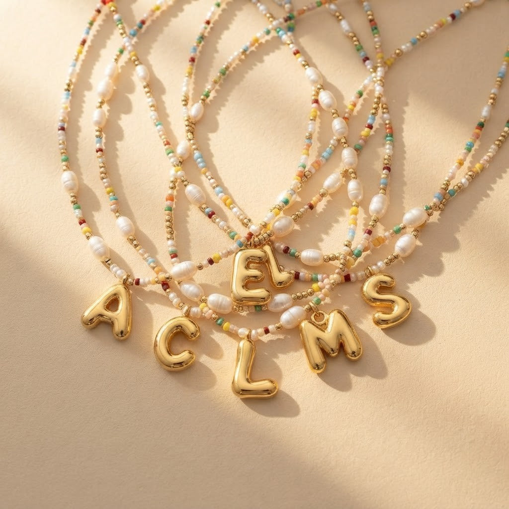 Colorful Pearl Bead Initial Necklace