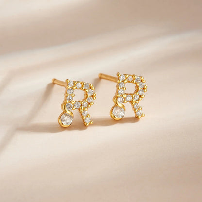 Rose Gold Crystal Initial Letter Stud Earrings