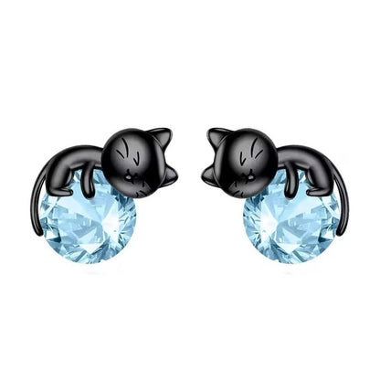 Black Cat Blue Crystal Stud Earrings