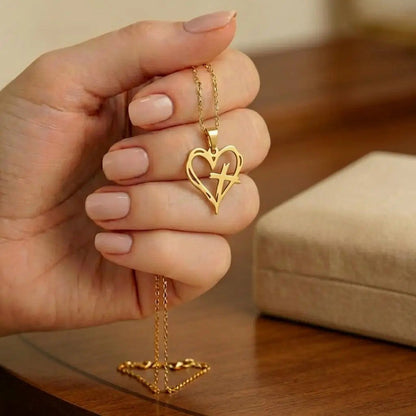 Open Heart Cross Pendant Necklace