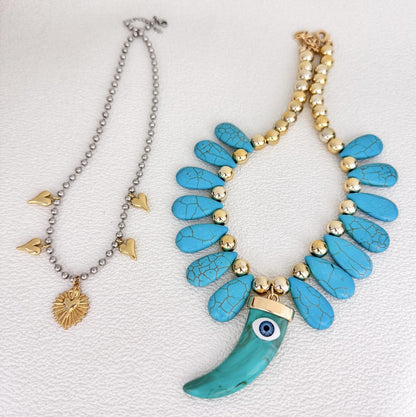 Turquoise Bead & Eye Charm Necklace