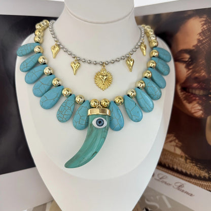 Turquoise Bead & Eye Charm Necklace