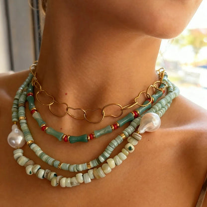 Layered Green Stone & Gold Link Necklace