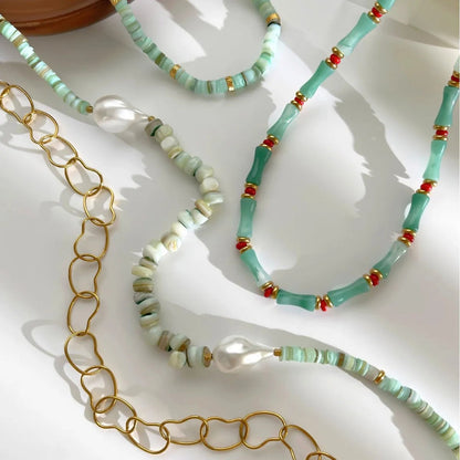 Layered Green Stone & Gold Link Necklace