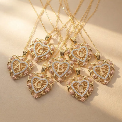 Crystal Initial Filigree Heart Necklace