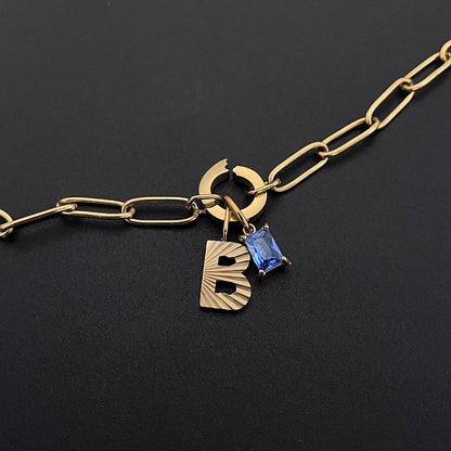 Ribbed Letter & Blue Gem Necklace