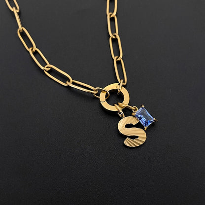 Ribbed Letter & Blue Gem Necklace