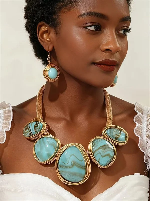 Green Stone Statement Necklace Set