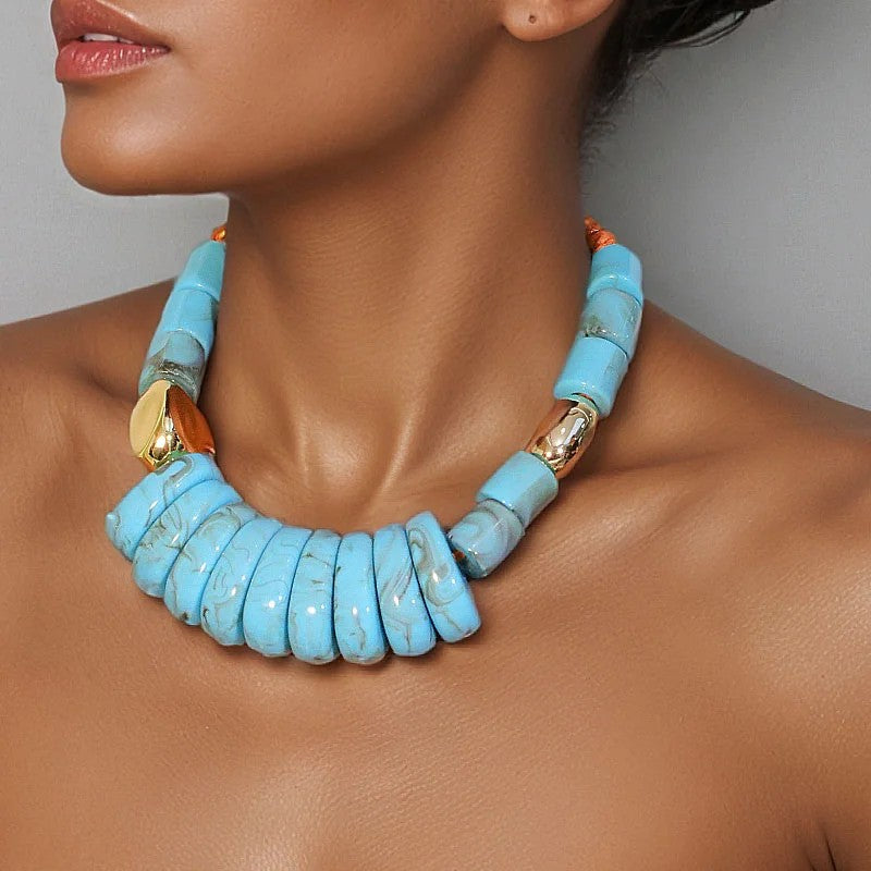 Blue Geometric Bead Necklace