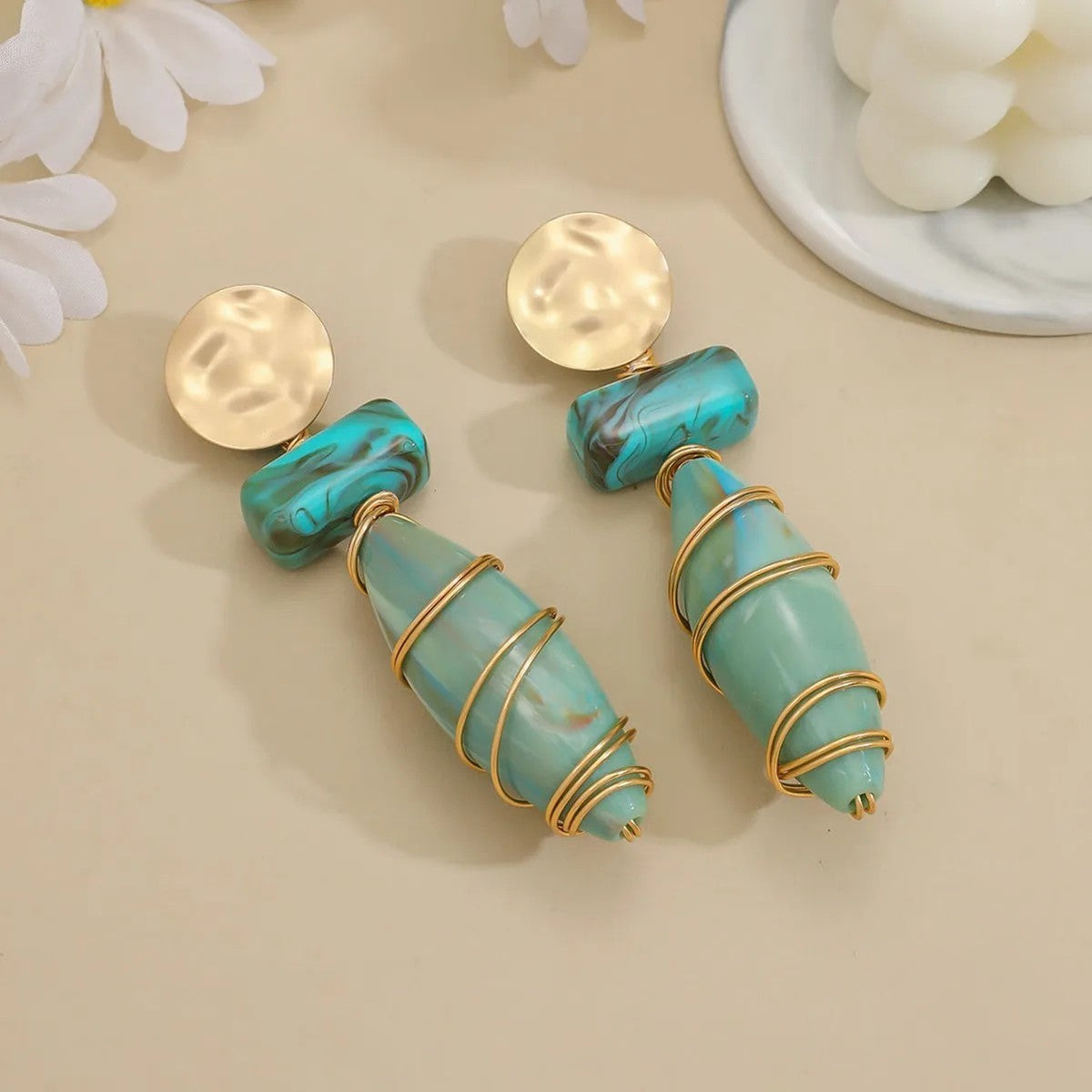 Wire Wrapped Resin Drop Earrings