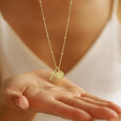 Cross Initial Disc Necklace