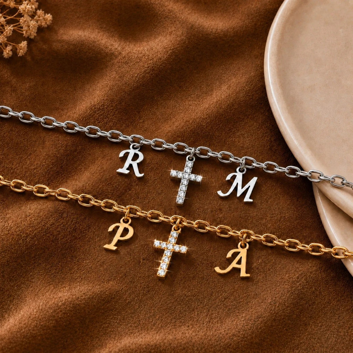 Dual Initial & Crystal Cross Bracelet