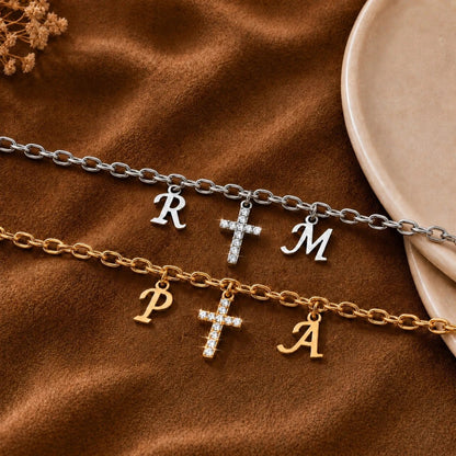 Dual Initial & Crystal Cross Bracelet