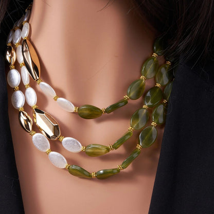 Green & White Layered Bead Necklace