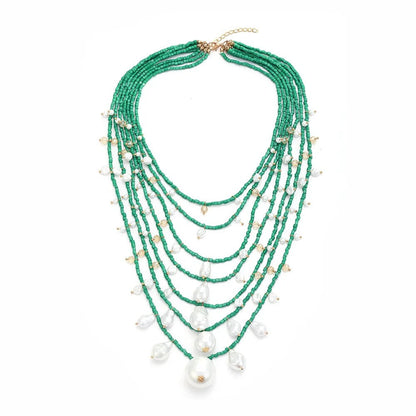 Green Bead Layered Pearl Necklace