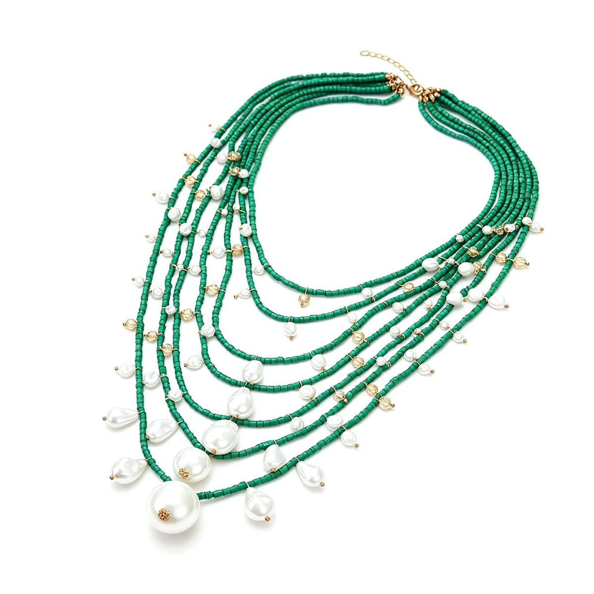 Green Bead Layered Pearl Necklace