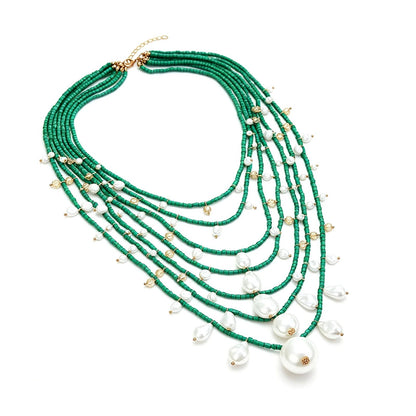 Green Bead Layered Pearl Necklace