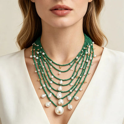 Green Bead Layered Pearl Necklace