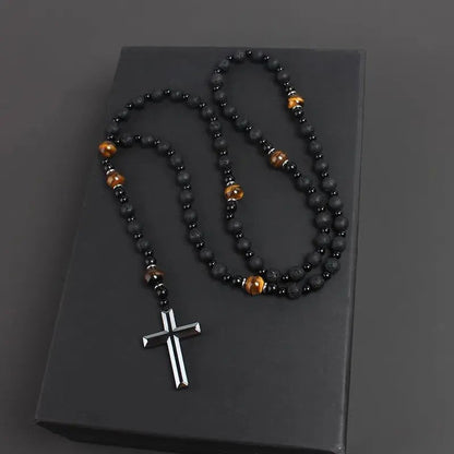 Tiger Eye & Lava Rock Cross Necklace