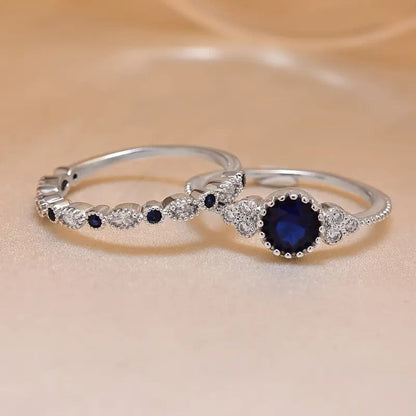 Blue Stone Halo Ring Set