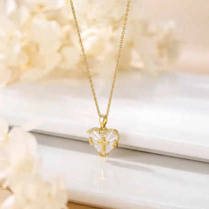 Mother of Pearl Heart Cross Necklace
