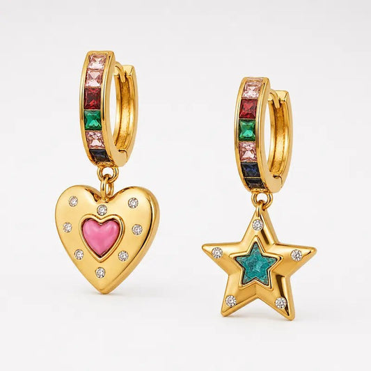 Colorful Heart & Star Dangle Hoop Earrings