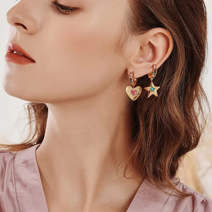 Colorful Heart & Star Dangle Hoop Earrings