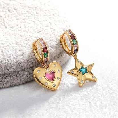 Colorful Heart & Star Dangle Hoop Earrings