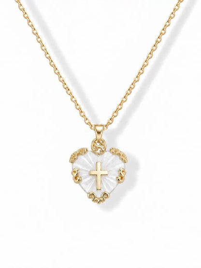 Ornate Shell Heart Cross Necklace