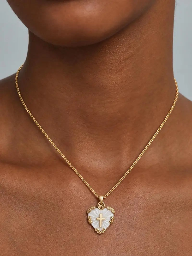 Ornate Shell Heart Cross Necklace