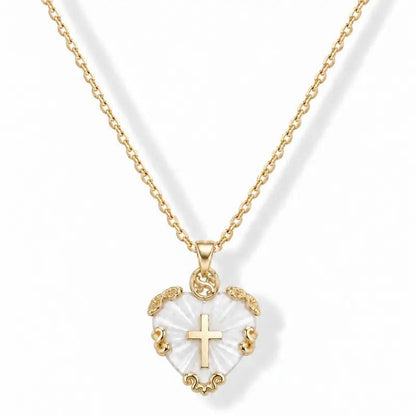 White Shell Heart Cross Necklace