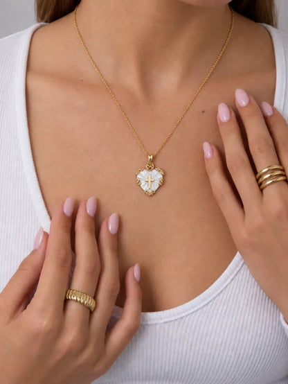 Ornate Shell Heart Cross Necklace