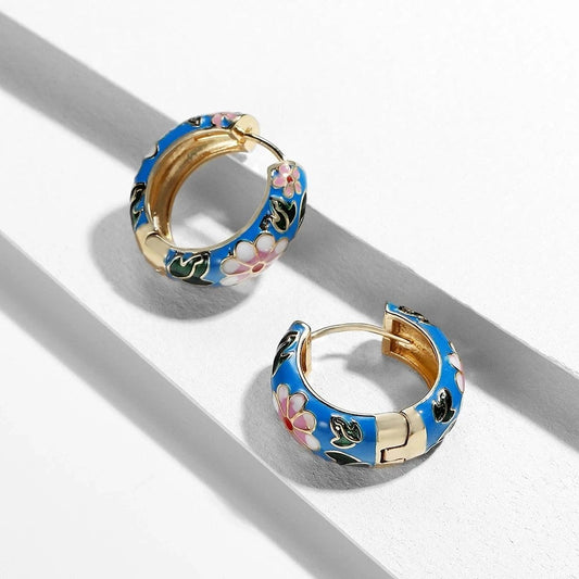 Blue Enamel Floral Hoop Earrings