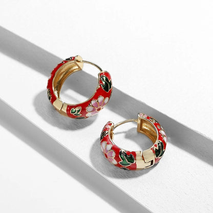 Blue Enamel Floral Hoop Earrings