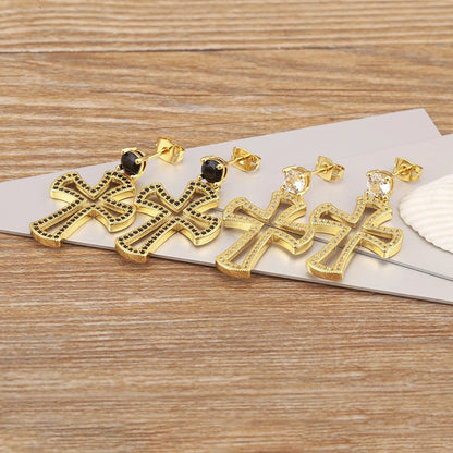 Pave Cross Drop Earrings