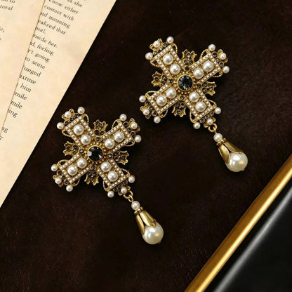 Pearl Cross Drop Earrings