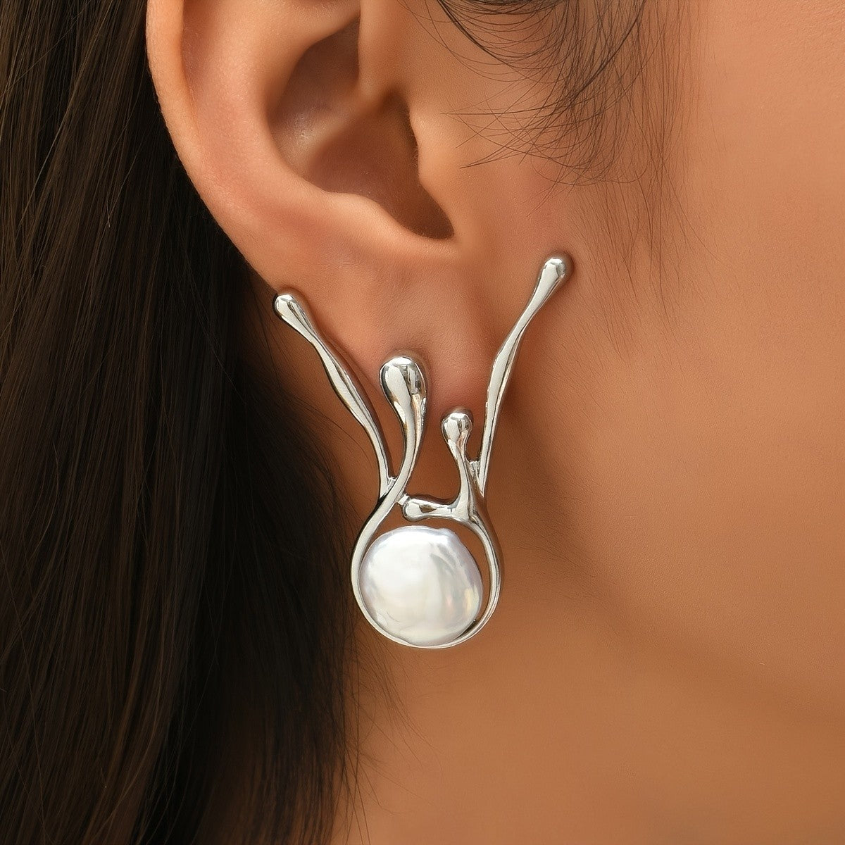 Abstract Branch Pearl Drop Earrings