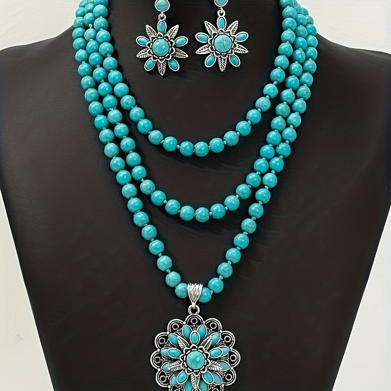 Turquoise Floral Layered Necklace Set