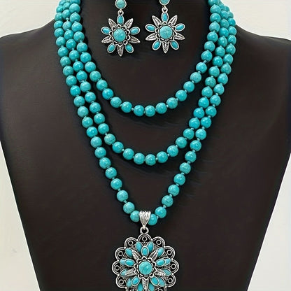 Turquoise Floral Layered Necklace Set