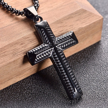 Black Rope Texture Cross Pendant