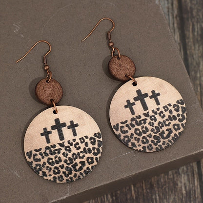 Wooden Leopard Cross Disc Earrings