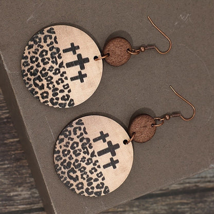 Wooden Leopard Cross Disc Earrings